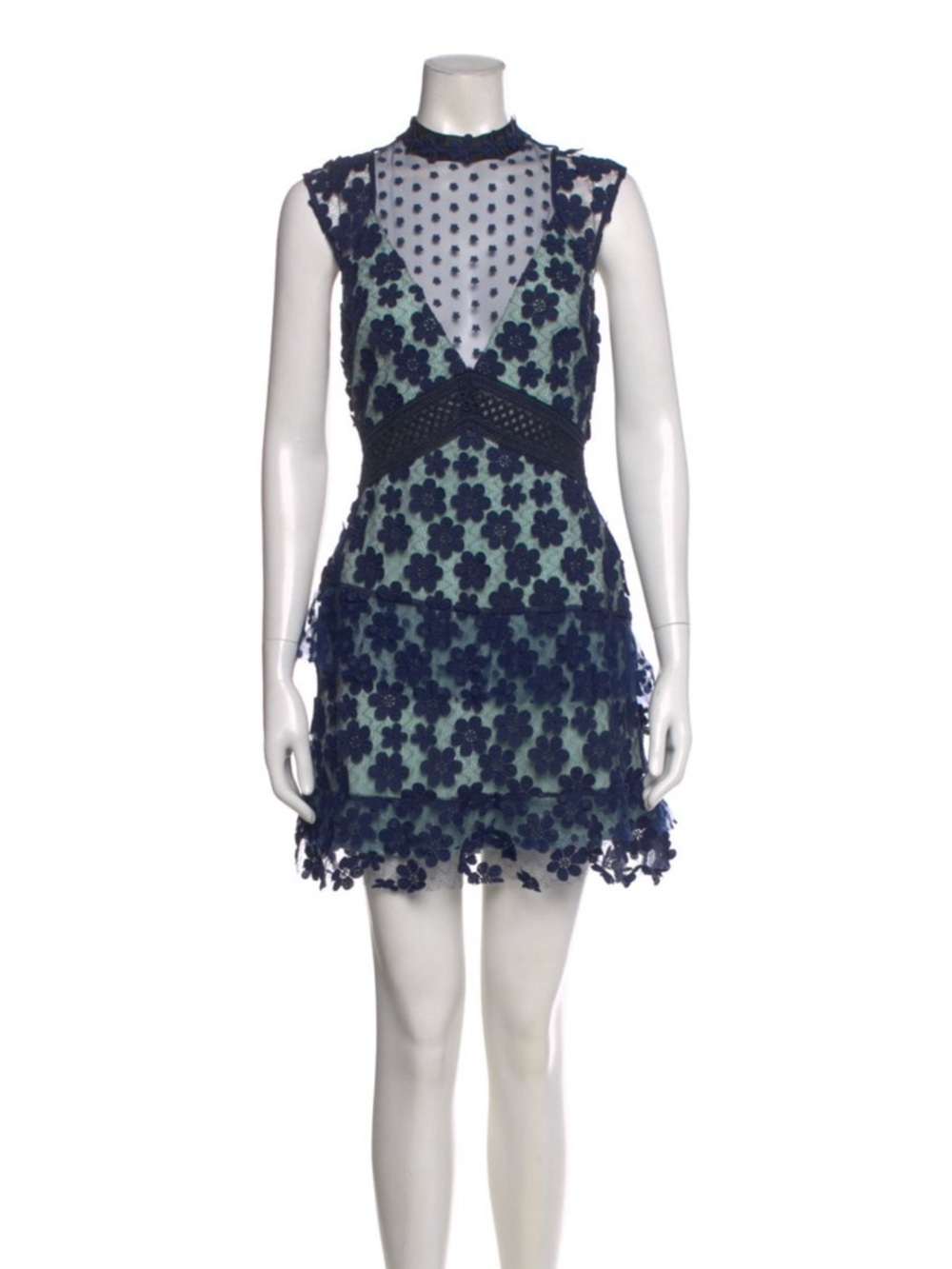 Self-Portrait Navy & Light Blue Floral Lace Mini Dress